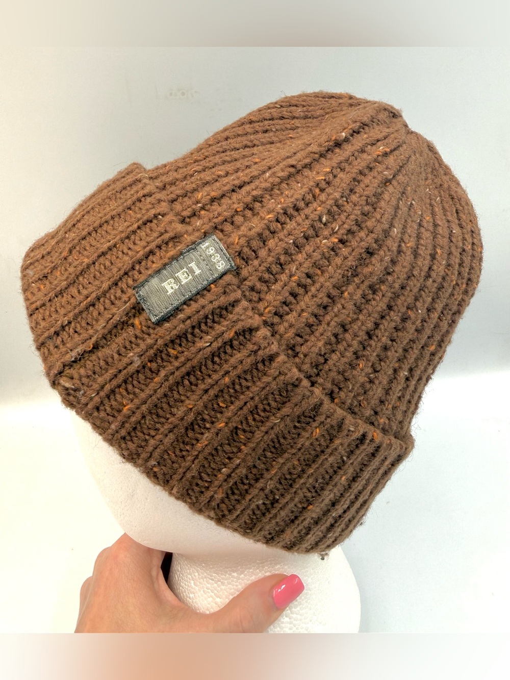 REI Brown Ribbed Knit Beanie Hat With Folded Cuff Wool Blend Unisex